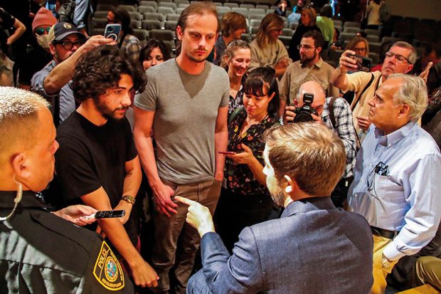 A trustee for New College of Florida, Christopher Rufo, talks with students A trustee for New College of Florida, Christopher Rufo, talks with students