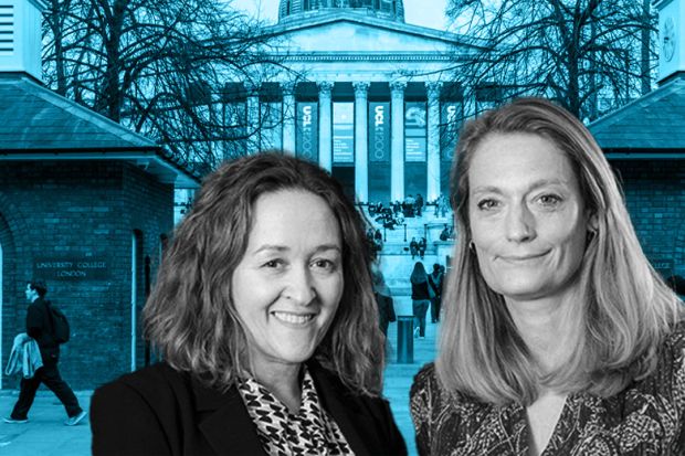 Office for Students’ new chief executives, Ruth Hannant and Polly Payne, with university campus in the background. Office for Students’ new chief executives, Ruth Hannant and Polly Payne, with university campus in the background.