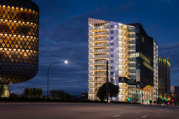 SAHMRI building and University of Adelaide building on North Terrace as the daylight fades