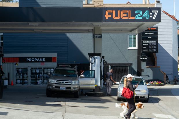 San Francisco, CA - March 18th, 2022 Drivers are filling up gas at prices above $6gallon at Fuel 247 station on Lombard Street in San Francisco