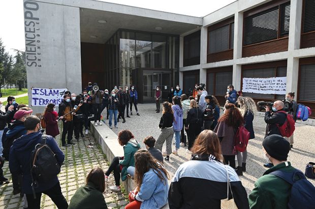 Students demonstrate against islamophobia outside the campus of the Institute of Political Studies (aka Sciences Po) in Saint-Martin-d’Heres, near Grenoble, on 9 March 9 2021 Students demonstrate against islamophobia outside the campus of the Institute of Political Studies (aka Sciences Po) in Saint-Martin-d’Heres, near Grenoble, on 9 March 2021