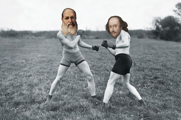 Shakespeare and Plato fist-fighting in field Shakespeare and Plato fist-fighting in field