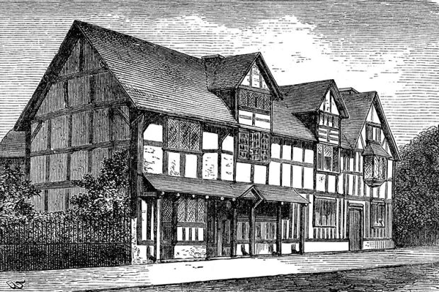 Victorian engraving of the birthplace of William Shakespeare in Stratford-upon-Avon