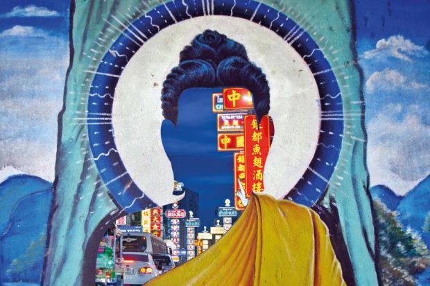Shopping district superimposed over head of Buddha