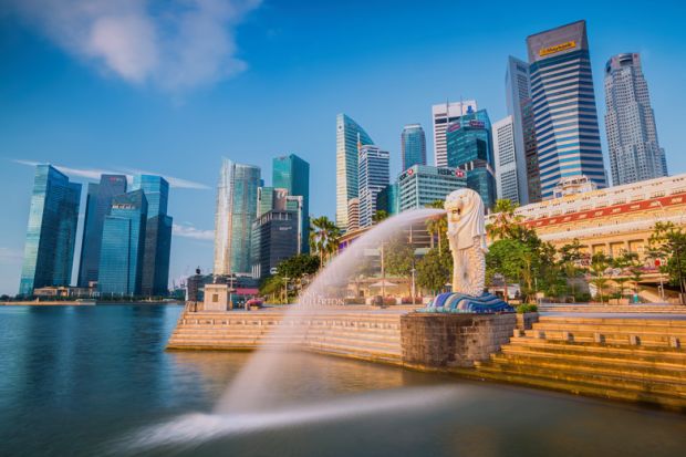 Singapore skyline, Merlion fountain, Asia University Rankings 2016
