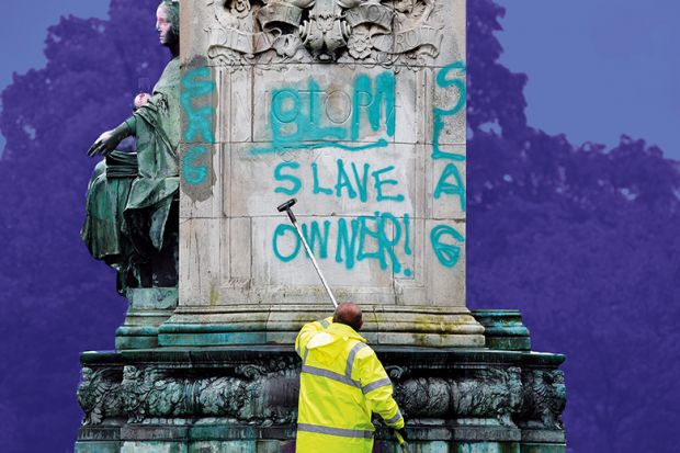 Council workers clean a statue of Queen Victoria in Woodhouse Moor Park in Leeds, 2020 Council workers clean a statue of Queen Victoria in Woodhouse Moor Park in Leeds, 2020