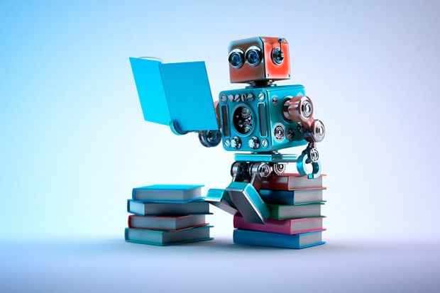 Small robot sitting on pile of books, reading