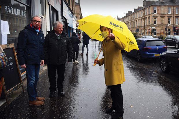 Scotland’s first minister, Nicola Sturgeon, leader of the Scottish National Party (SNP), Scotland’s first minister, Nicola Sturgeon, leader of the Scottish National Party (SNP), campaigns for the Scottish Parliament election in Glasgow Southside