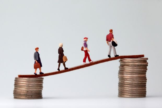 Miniature people walk from a low to a high pile of coins