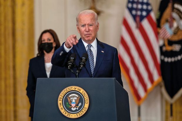 President Biden pointing to illustrate Biden crackdown targets for-profit colleges