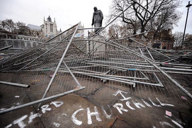 Statue of Winston Churchill, broken security barriers, Parliament Square, London Statue of Winston Churchill, broken security barriers, Parliament Square, London