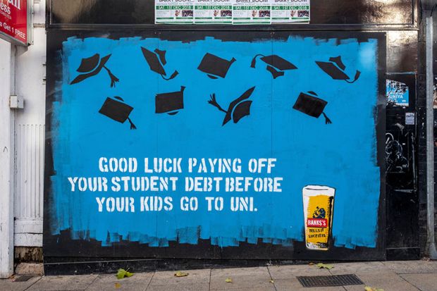Student debt, loan repayment painted mural, Wolverhampton. It states "Good luck paying off your student debt before your kids go to uni". Student debt, loan repayment painted mural, Wolverhampton. It states "Good luck paying off your student debt before your kids go to uni".