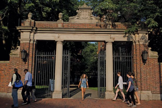 Students at Harvard University campus gate, Cambridge, Massachusetts, 2015