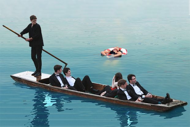 Students in dinner jackets punting past a woman in the water in a lifebelt. To illustrate that there is no incentive for wealthy institutions to support initiatives for insolvency plans.