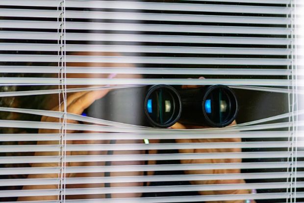 A woman peeking through blinds while holding binoculars, illustrating suspicion A woman peeking through blinds while holding binoculars, illustrating suspicion