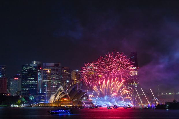 Sydney, Australia - January 26, 2021 Red colorful fireworks at Australia Day.