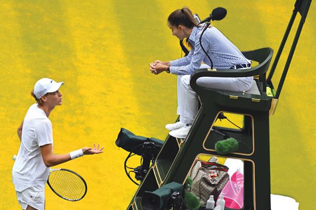 Jannik Sinner complains to the umpire after losing a point aginst Colombia's Daniel Elahi Galan during their men's singles tennis match on the seventh day of the 2023 Wimbledon Championships to illustrate What if ethics regulation actually fostered ethic