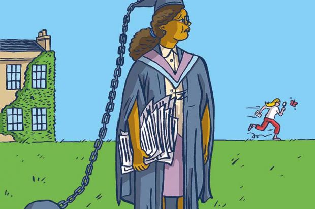 Illustration of woman with ball and chain attached to mortar board