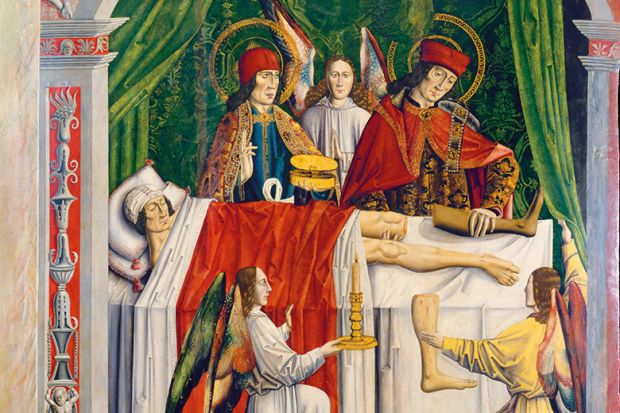 A painting showing Cosmas and Damian, the patron saints of medicine, replacing a patient’s infected leg with the healthy leg of a person who had died