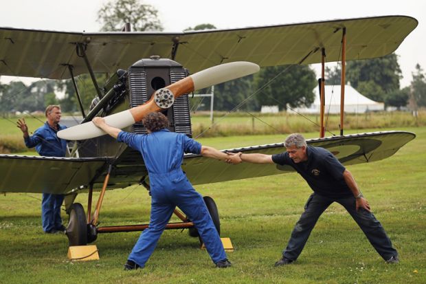 The SE5a is prepared for demonstration flight at &#039;The Shuttlesworth Collection&#039; at Old Warden on July 21, 2014 in Biggleswade, England.