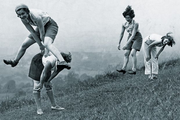 women leapfrog. Vintage