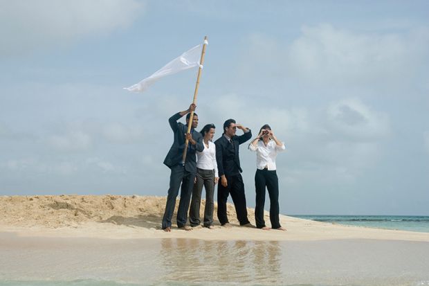Group of people stranded on desert island