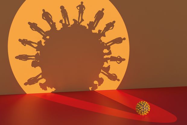 Illustration of coronavirus casting a shadow, with people standing around the virus.