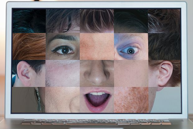 Collage of faces on computer screen