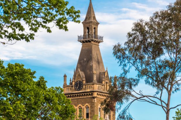 The clock tower of Ormond College at the University of Melbourne, Australia