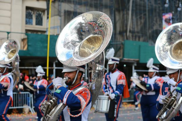 The Morgan State University Magnificent Marching Machine performs the medley of Everybody Dance during the 93rd Macy's 2019 Thanksgiving Day Parade in New York
