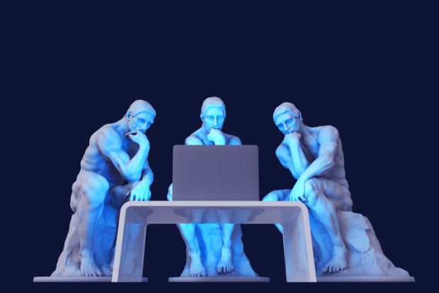 Three thinker statues stare at a computer screen Three thinker statues stare at a computer screen