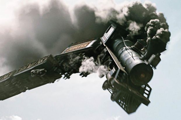Train crashing off tracks, The Lone Ranger, 2013 Train crashing off tracks, The Lone Ranger, 2013