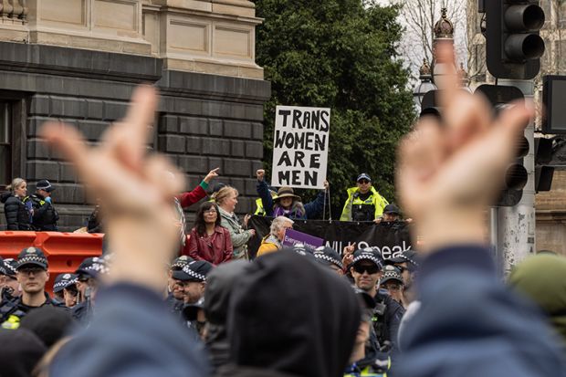 Transgender rights activists clash with members of Victoria Police as they avoid clashes with the participants of an anti-transgender rights rally happening on the steps of the Victorian Parliament on August 17, 2024, in Melbourne, Australia. Transgender rights activists clash with members of Victoria Police as they avoid clashes with the participants of an anti-transgender rights rally happening on the steps of the Victorian Parliament on August 17, 2024, in Melbourne, Australia.