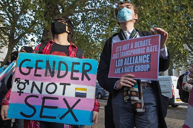 Transgender Action Block activists and supporters protest outside the first annual conference of the LGB Alliance in October 2021 in London