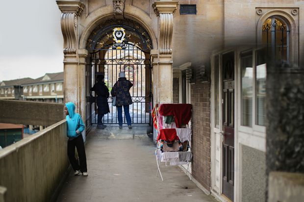 Montage of housing estate in Rochdale with a closed gate of Trinity Hall, Cambridge. To illustrate whether a university degree is any longer a passport to social mobility.