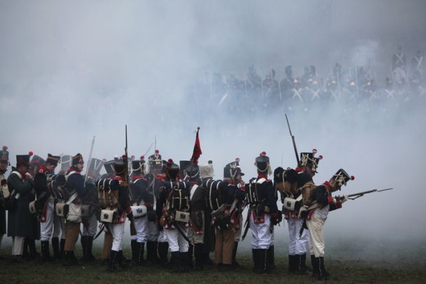 Tvarozna, Czech Republic - December 3, 2011 Re-enactors uniformed as French soldiers attend the re-enactment of the Battle of Austerlitz (1805) near Tvarozna, Czech Republic