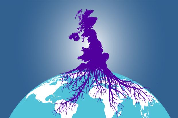 Roots from a map of the UK spreading over the globe. To illustrate that internationalisation has diversified since Brexit.