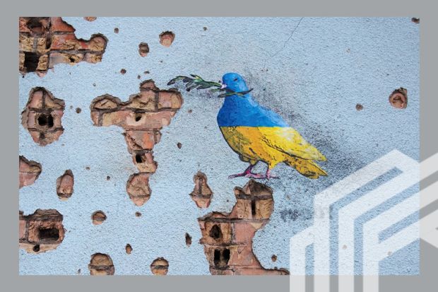 An artwork of the famous street artist Tvboy showing a peace dove is seen on a wall of the House of Culture, which was heavily damaged during Russia's attack on Ukraine, in the town of Irpin near Kyiv, Ukraine, 2 February, 2023. An artwork of the famous street artist Tvboy showing a peace dove is seen on a wall of the House of Culture, which was heavily damaged during Russia's attack on Ukraine, in the town of Irpin near Kyiv, Ukraine, 2 February, 2023.