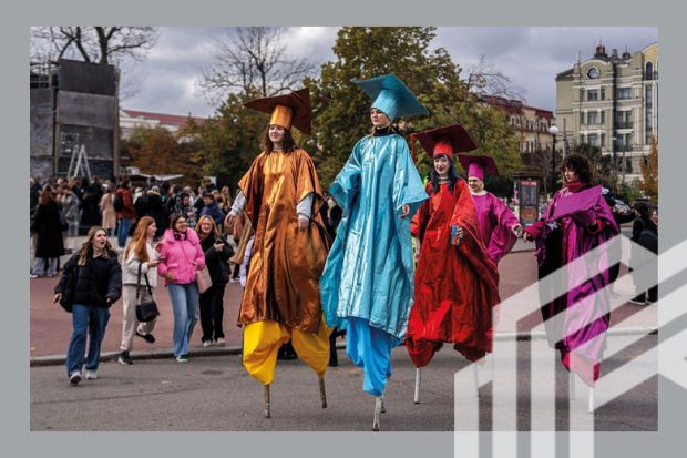 Students of Kyiv-Mohyla Academy walking on stilts celebrate the 409th birthday of the university in Kyiv, Ukraine, 15 October 2024. To illustrate the resilience of universities in Ukraine. Students of Kyiv-Mohyla Academy walking on stilts celebrate the 409th birthday of the university in Kyiv, Ukraine, 15 October 2024. To illustrate the resilience of universities in Ukraine.
