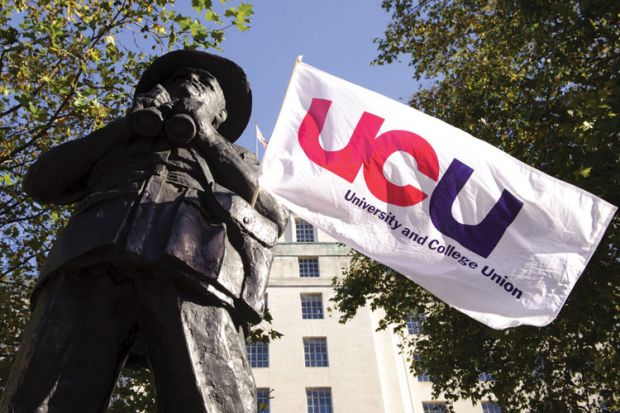 University and College Union (UCU) flag hanging on statue