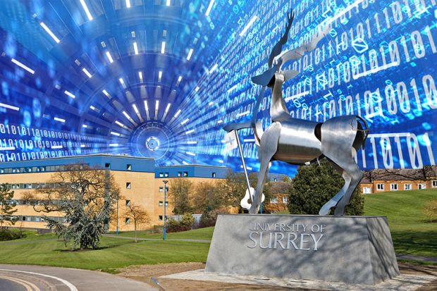 Stag sculpture at entrance to University of Surrey, Guildford, UK, with an artificial intelligence background. To illustrate the university introducing discipline-specific artificial intelligence (AI) into all of its courses.