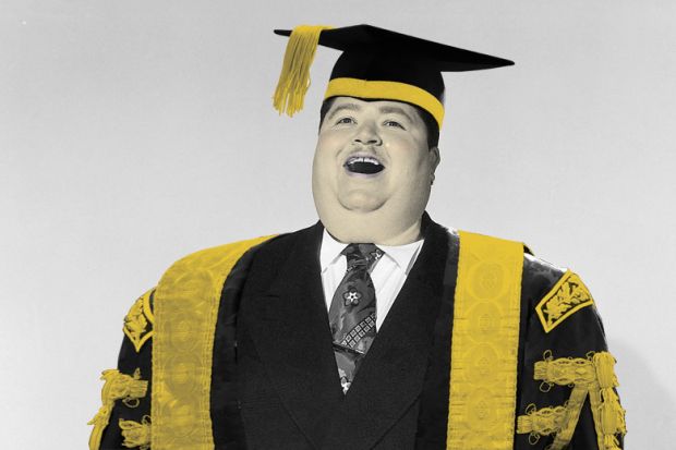 University vice-chancellor in cap and gown smiling and laughing University vice-chancellor in cap and gown smiling and laughing