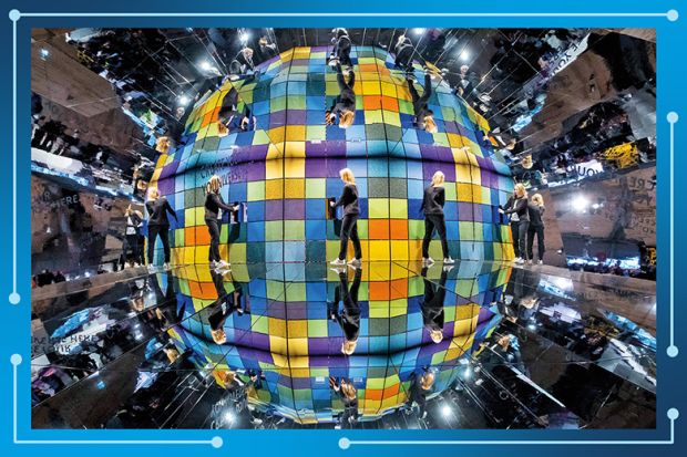 Reflections of a visitor are seen in mirrors in front of a wall at a trade fair in Germany. To illustrate reflecting on, and revisions to, the World University Rankings methodology. Reflections of a visitor are seen in mirrors in front of a wall at a trade fair in Germany. To illustrate reflecting on, and revisions to, the World University Rankings methodology.