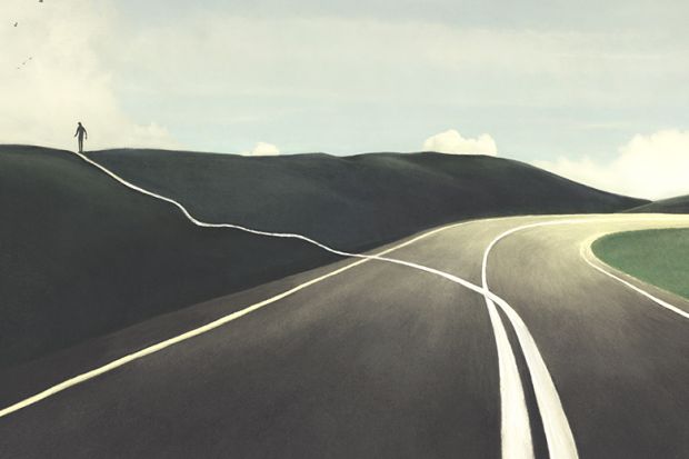 Illustration of a man taking a different direction, to illustrate how people with ADHD can see things differently and break from the traditional mould of academia. Illustration of a man taking a different direction, to illustrate how people with ADHD can see things differently and break from the traditional mould of academia.