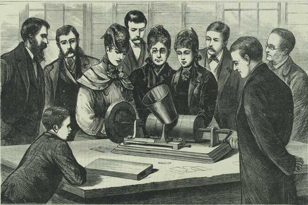 Victorians listening to gramophone talking book Victorians listening to gramophone talking book