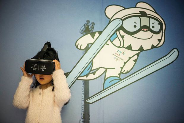 Girl wearing virtual reality headset