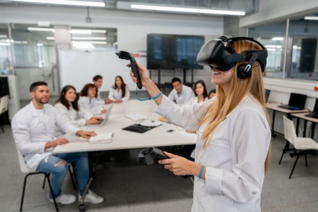 A student uses virtual reality headset in the classroom 