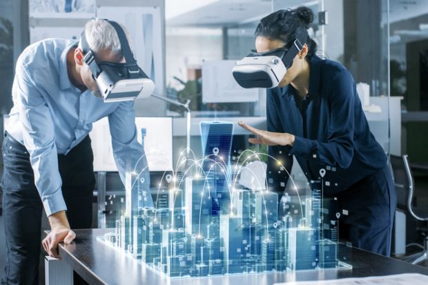 Architects wear virtual reality headsets