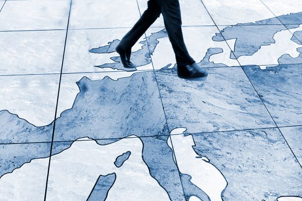 Man walking on a map of Europe, stepping from the UK to Europe. To illustrate that the UK’s Erasmus return is a step in the right direction.