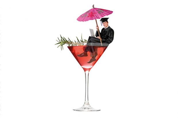 Montage of a graduate sitting in a full cocktail glass to illustrate Cocktail recipes from hic-storian